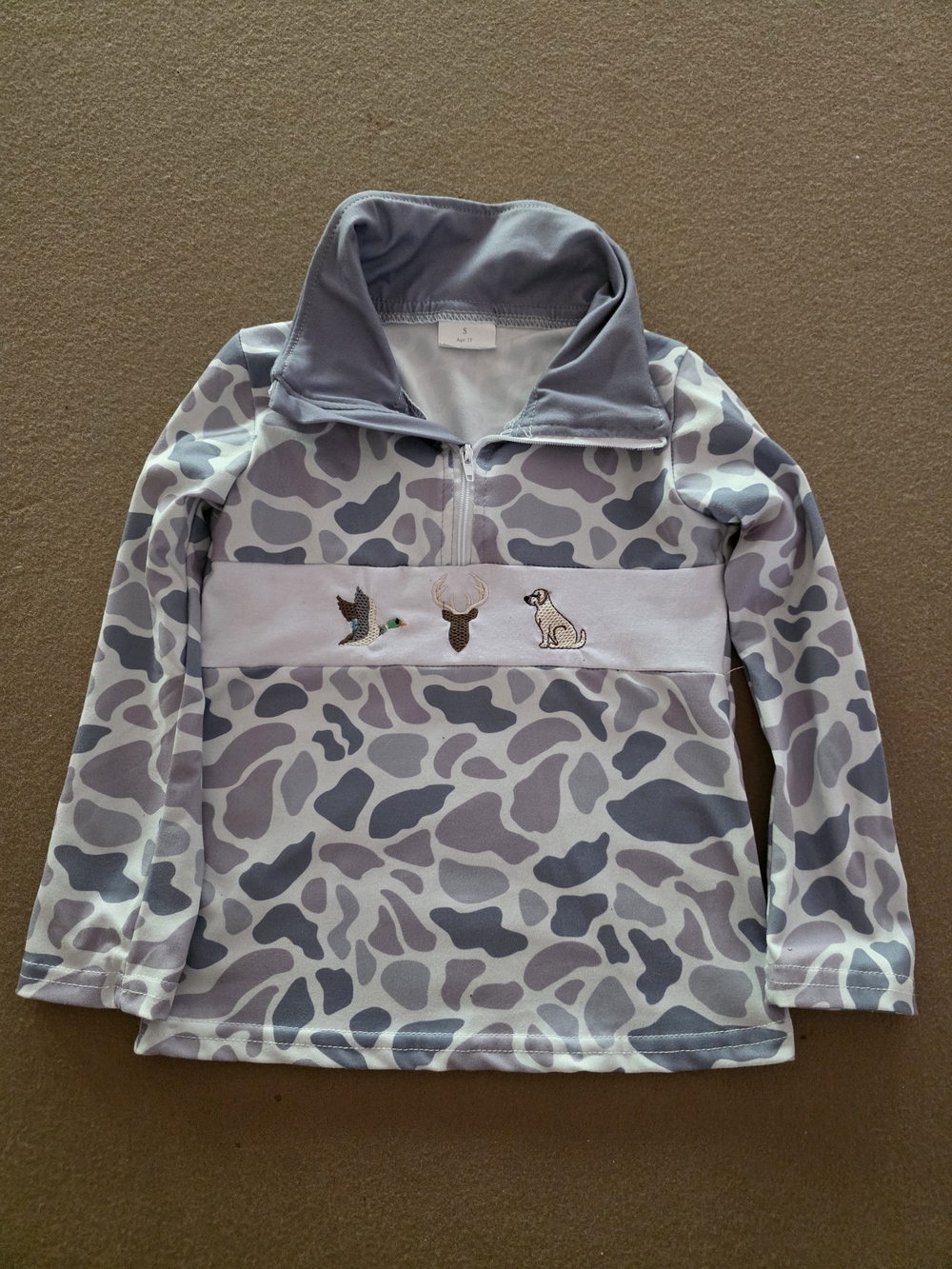 Grey Patterned Quarter-Zip Pullover with Embroidered Motifs
